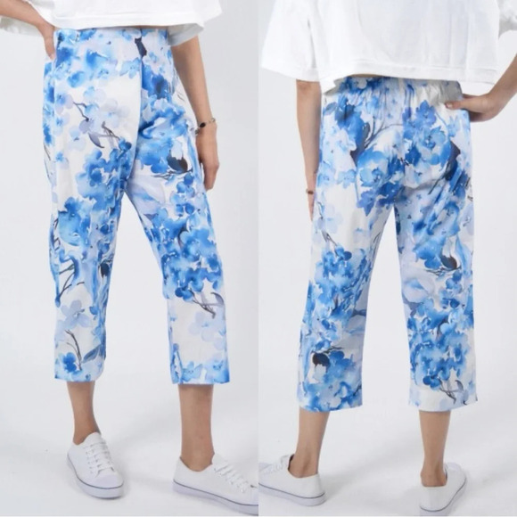 Bryn Walker Fioro Cotton Print Blue White Capri Cropped Pants Coastal Size XL